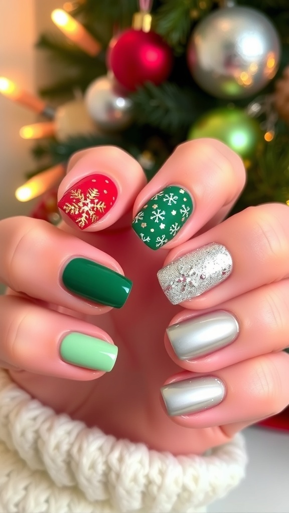 Festive 5-Color Christmas Nail Art Colorful Christmas nail art featuring red, green, gold, and silver designs in a festive setting.